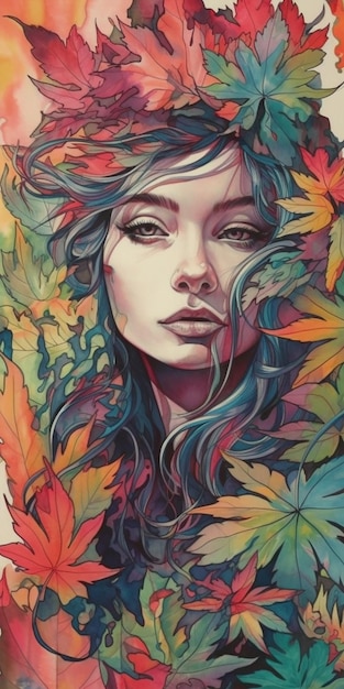 A colorful portrait of a woman with blue hair and leaves on her face.