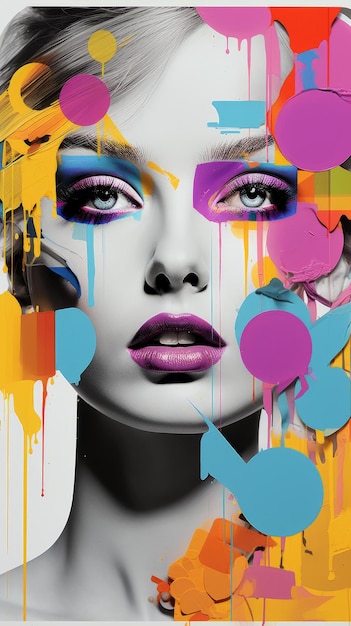 Colorful portrait of a woman with paint dripping down her face