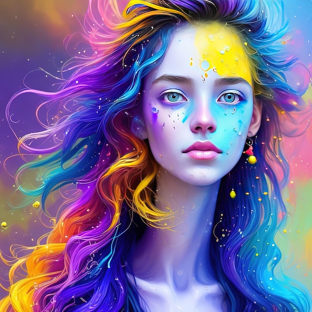 A colorful portrait of a woman with a rainbow hair and a rainbow colored face.