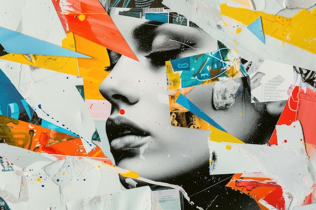 Colorful portrait of a woman with torn paper collage elements