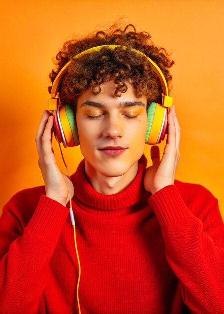 Colorful Portrait of Young Man with Headphones on Orange Background Modern Stylish Wallpapers Mo