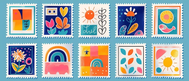 Photo colorful postage stamps with bold shapes in grid pattern