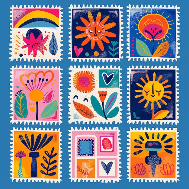 Photo colorful postage stamps with bold shapes in grid pattern