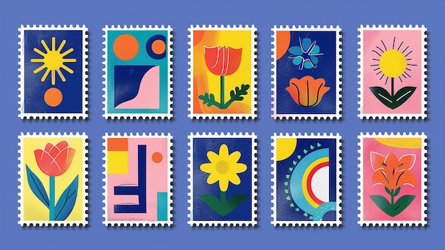 Photo colorful postage stamps with bold shapes in grid pattern