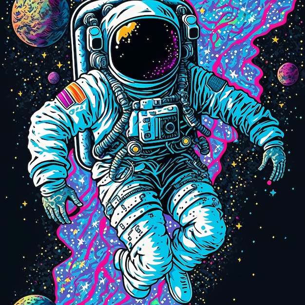 A colorful poster of an astronaut in space