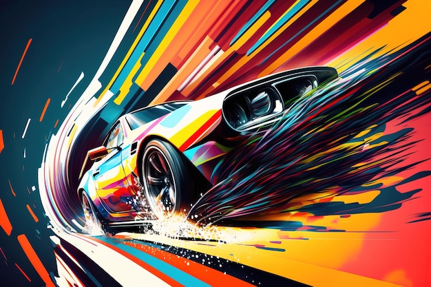 A colorful poster of a car with the word fast on it