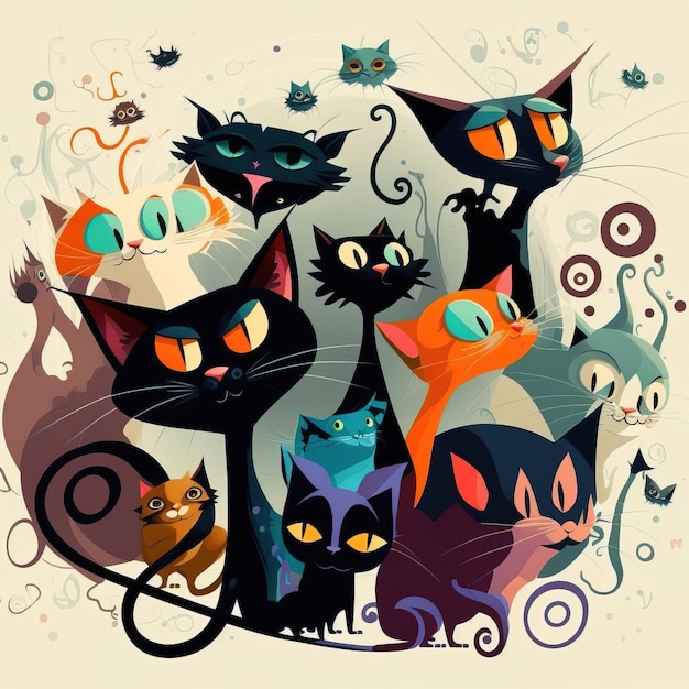 A colorful poster of cats with yellow eyes and a black cat on the bottom.