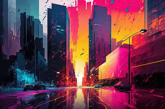 A colorful poster of a city with a neon city in the background.