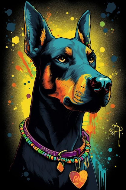 A colorful poster of a doberman dog with a yellow and black collar.