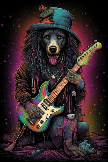 A colorful poster of a dog with a hat and a guitar.