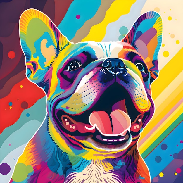 A colorful poster of a dog with a pink tongue.