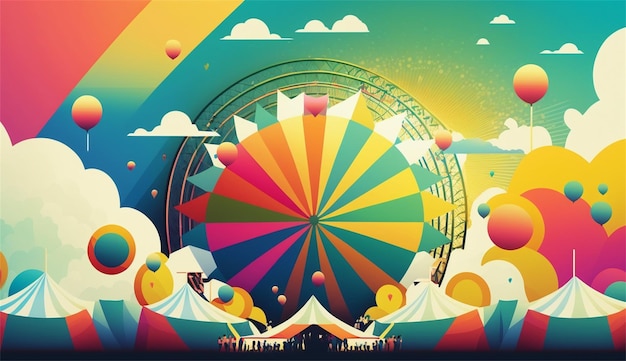 A colorful poster for the ferris wheel shows a colorful rainbow and the word ferris wheel.