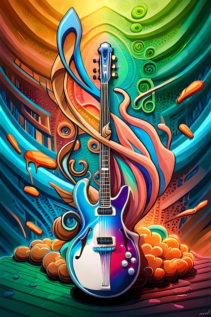 A colorful poster of a guitar with a rainbow background.