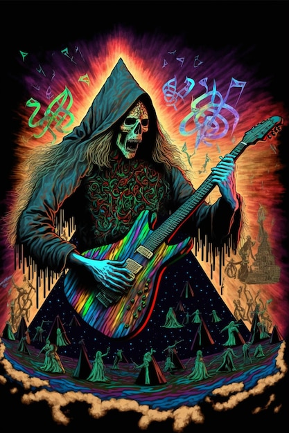 A colorful poster of a man playing a guitar with the words " the death " on the front.