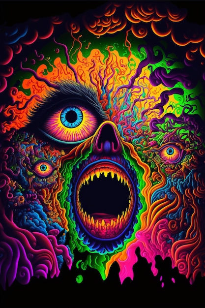 A colorful poster of a monster with a mouth open and a face with many colors.