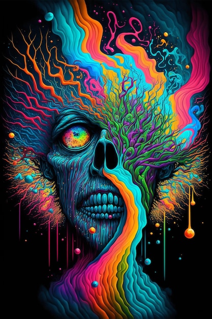 A colorful poster of a skull with the word death on it.