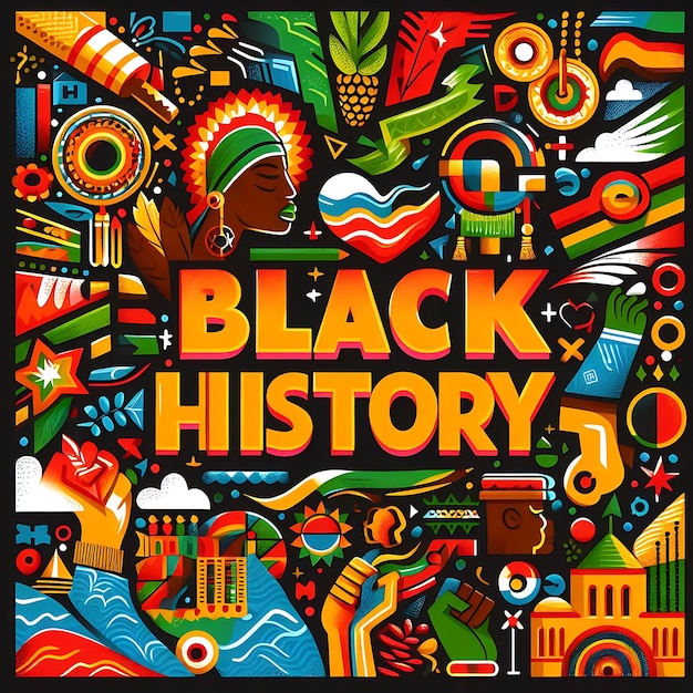 a colorful poster with a black background that says black history