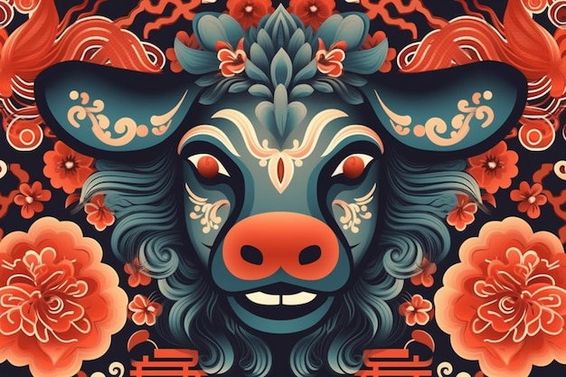 A colorful poster with a bull's head and flowers on it.