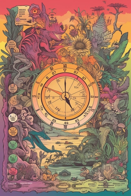 A colorful poster with a clock on it that says " time " on it.