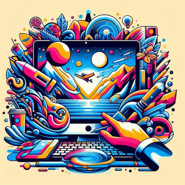 a colorful poster with a colorful image of a laptop with a colorful design