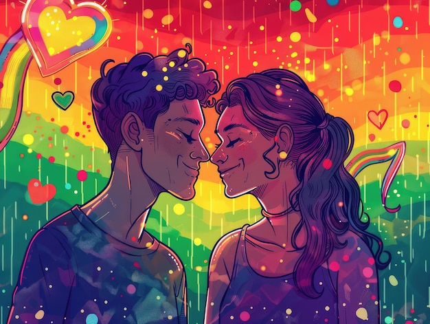 a colorful poster with a couple kissing and a rainbow background