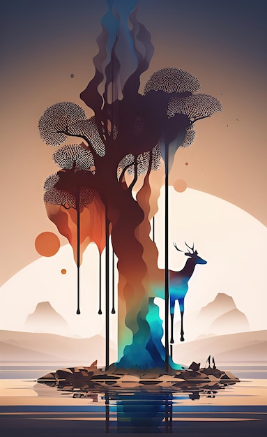 A colorful poster with a deer in the middle of a forest.