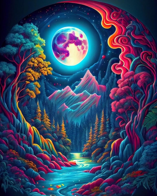 A colorful poster with a full moon and mountains in the background.