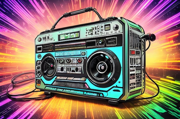 Colorful poster with the image of a boombox on an abstract background for a retro disco Generated AI