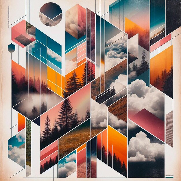 a colorful poster with a lot of trees and clouds