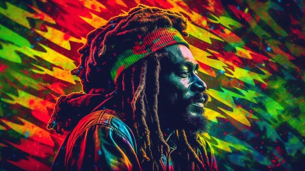 A colorful poster with a man with dreadlocks and a black dreadlocks