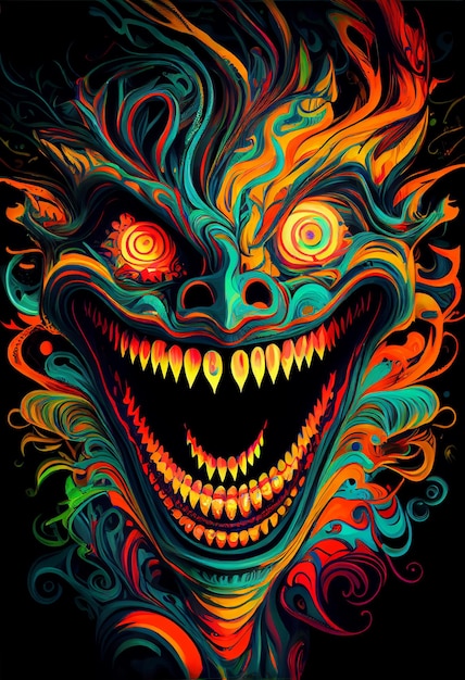 A colorful poster with a monster face and yellow eyes.