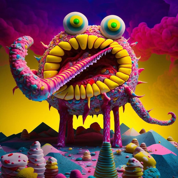 A colorful poster with a monster with a big mouth and big green eyes.