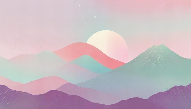 a colorful poster with a mountain landscape and a rainbow in the background