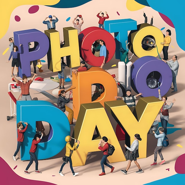 a colorful poster with people and a picture of a man with a camera in front of them