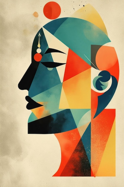 A colorful poster with a profile of a woman