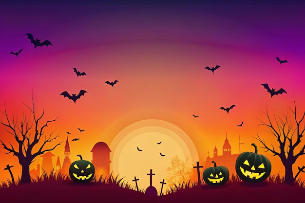 a colorful poster with pumpkins and cemetery in the background