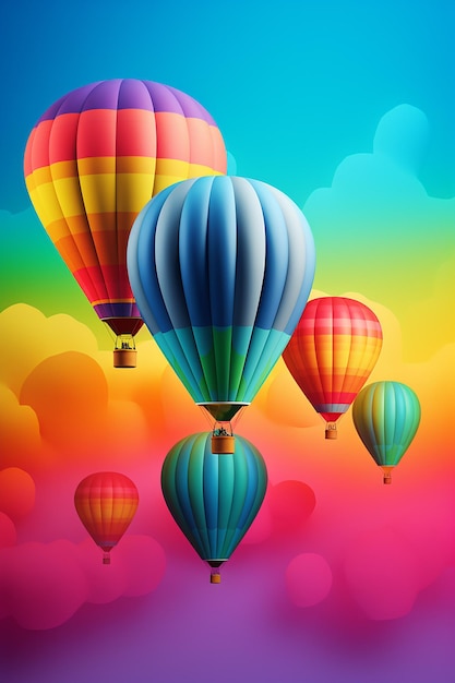 A colorful poster with a rainbow colored hot air balloon in the sky.