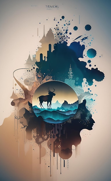 A colorful poster with a silhouette of a bull and a city on it.