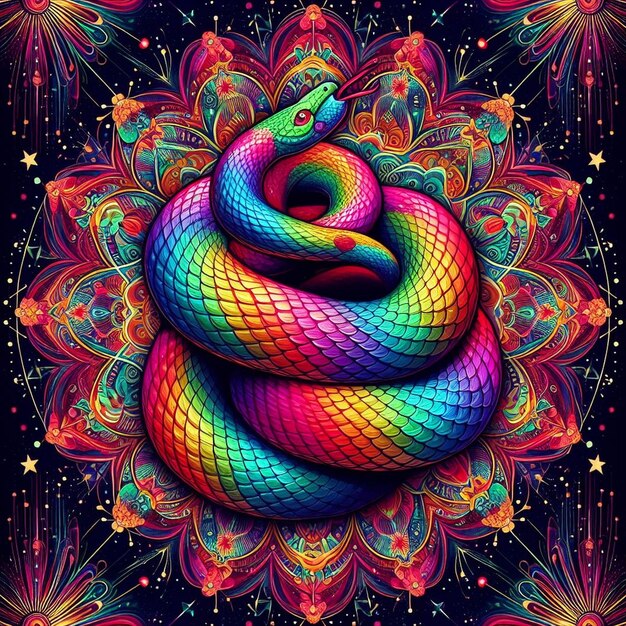 A colorful poster with a snake on it