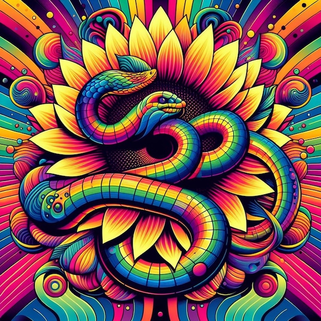 A colorful poster with a snake on it