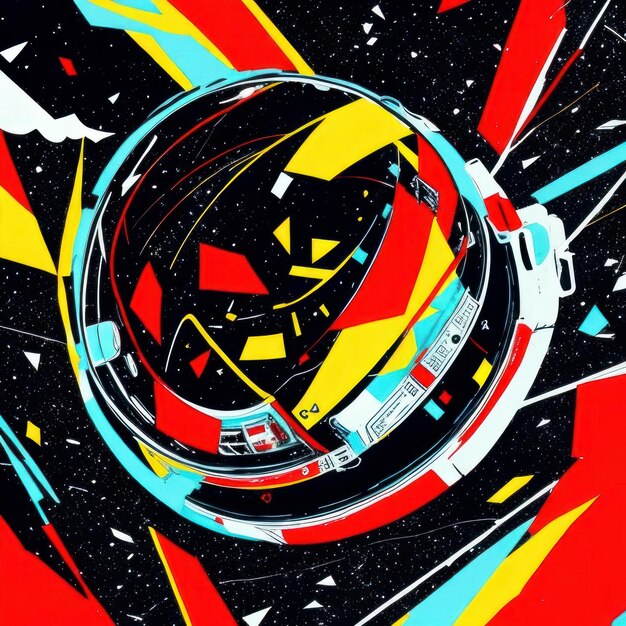 A colorful poster with a space helmet and a black background.