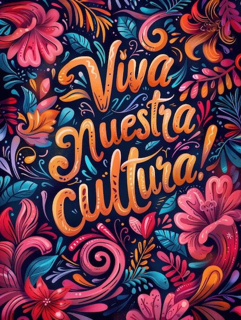 Photo colorful poster with viva nuestra cultura hand lettering and floral design