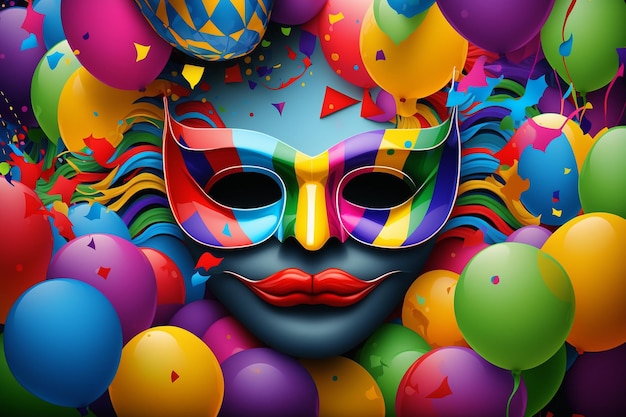 A colorful poster with a woman's face and balloons on it.