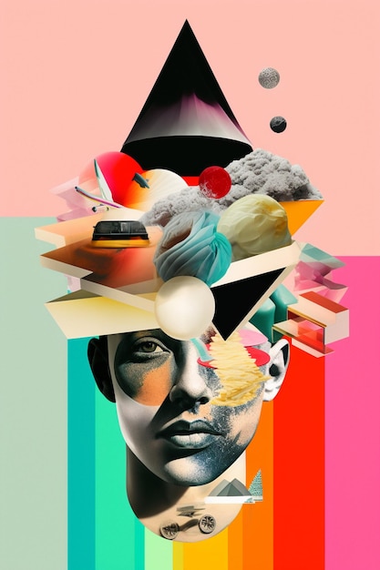 A colorful poster with a woman's face and a colorful background.