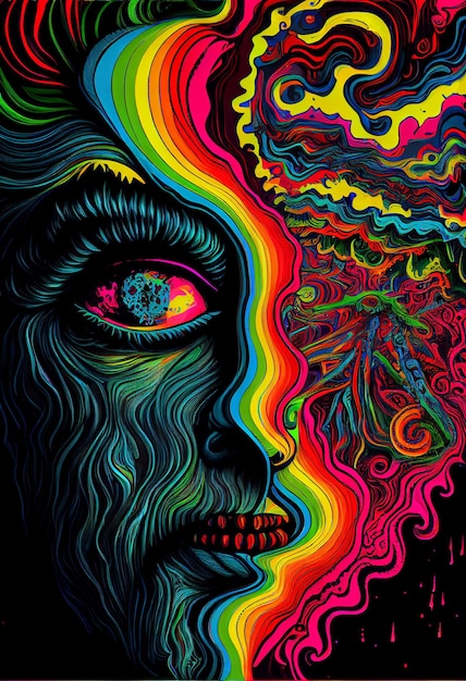 A colorful poster of a woman's face with the word psychedelic on it.