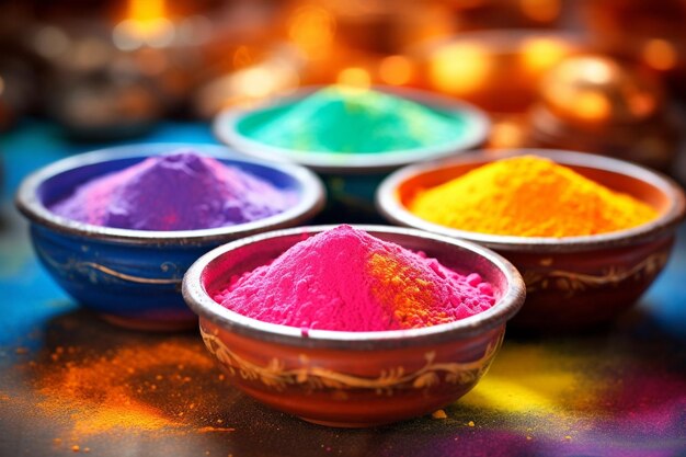 Photo colorful pots and drumms with holi powder indian festival of colors