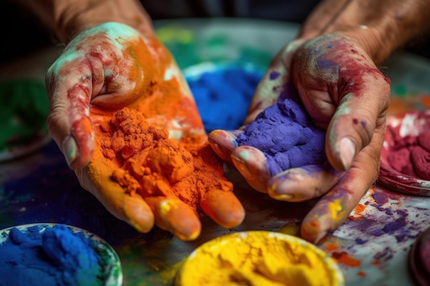 Colorful powder being held by two hands on a table Generative AI