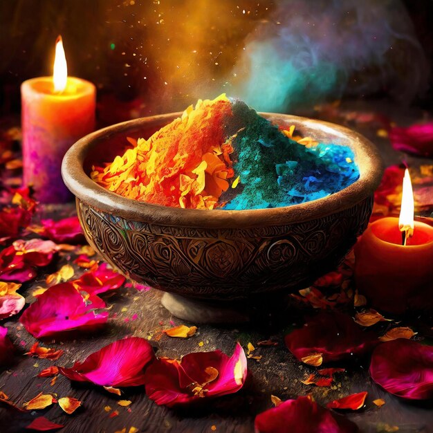 colorful powder in bowl with rose petals