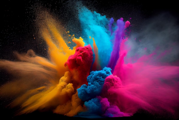 Colorful powder dust exploding in Holi day Generative AIColorful starch and dye powder dust exploding in Holi day Generative AI