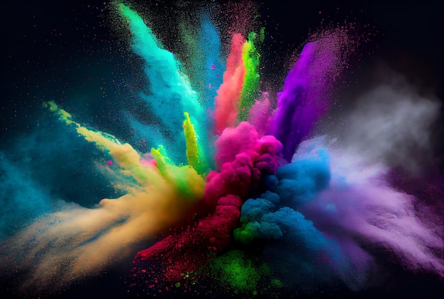 Colorful powder dust exploding in Holi day Generative AIColorful starch and dye powder dust exploding in Holi day Generative AI